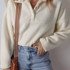 White Fleece Placket Turn-Down Collar Drop Shoulder Sweatshirt
