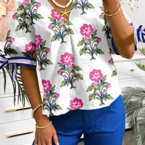 White Floral Colorblock Stripe Knot Bubble Sleeve V Neck Blouse