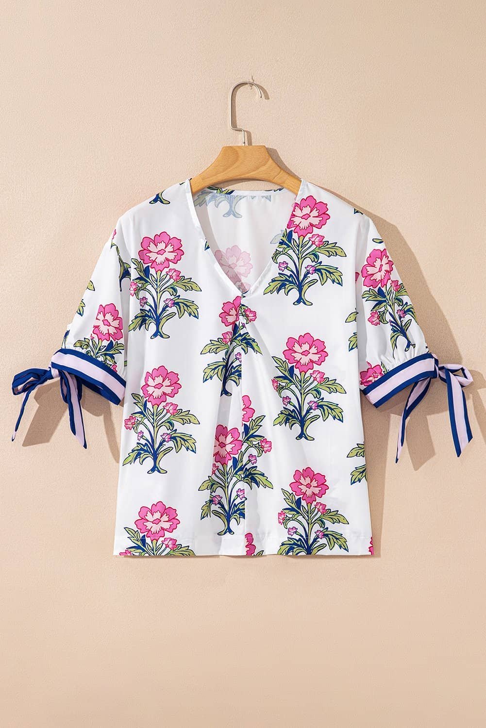 White Floral Colorblock Stripe Knot Bubble Sleeve V Neck Blouse