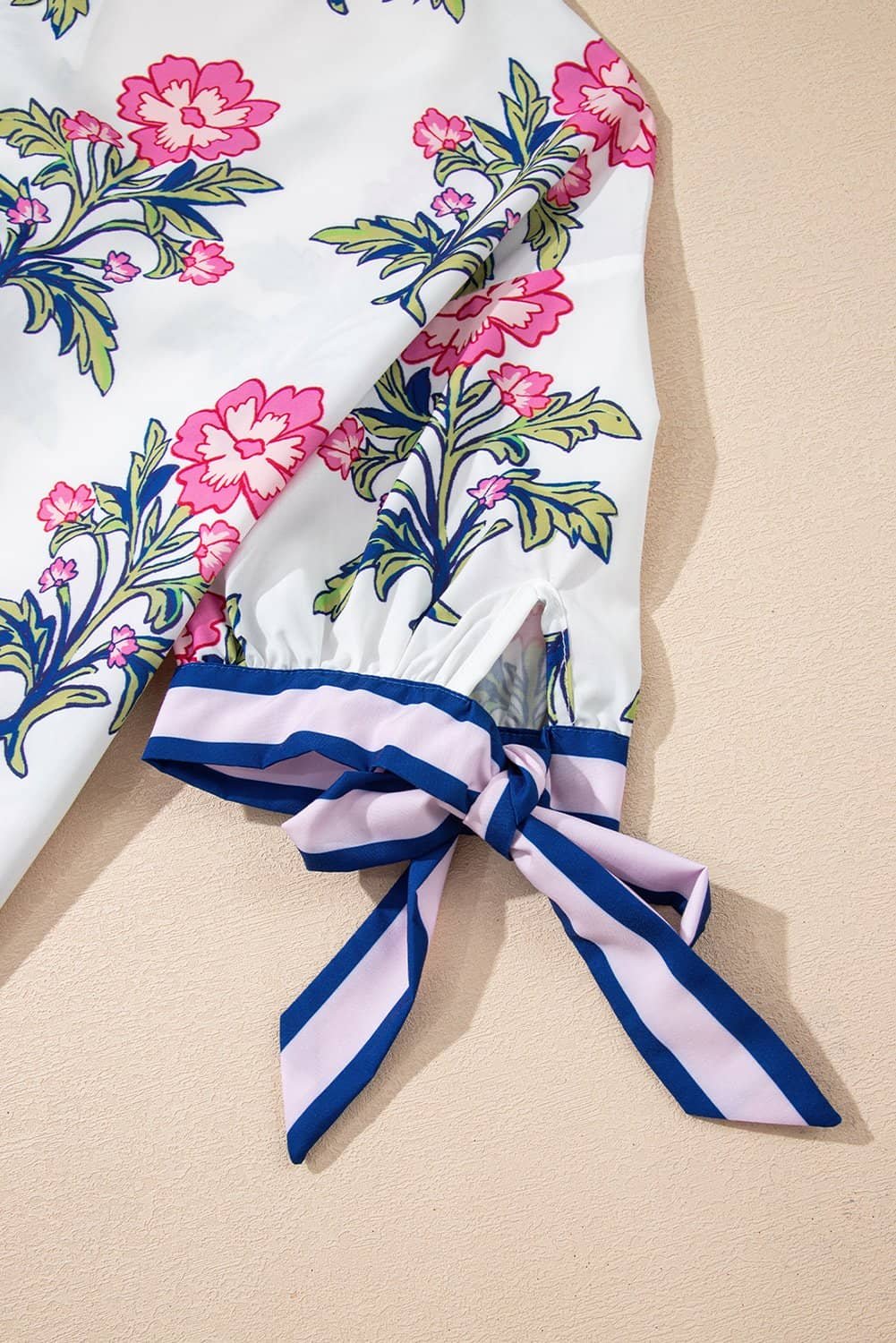 White Floral Colorblock Stripe Knot Bubble Sleeve V Neck Blouse