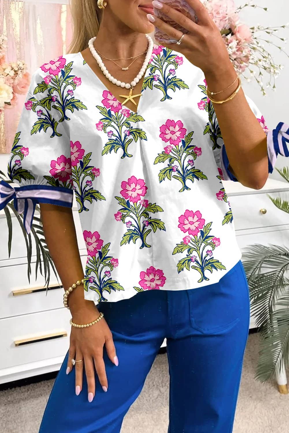 White Floral Colorblock Stripe Knot Bubble Sleeve V Neck Blouse