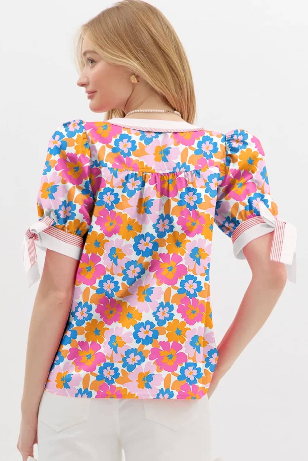 White Floral Colorblock Striped Edge V Neck Knotted Short Sleeve Blouse