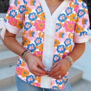 White Floral Colorblock Striped Edge V Neck Knotted Short Sleeve Blouse