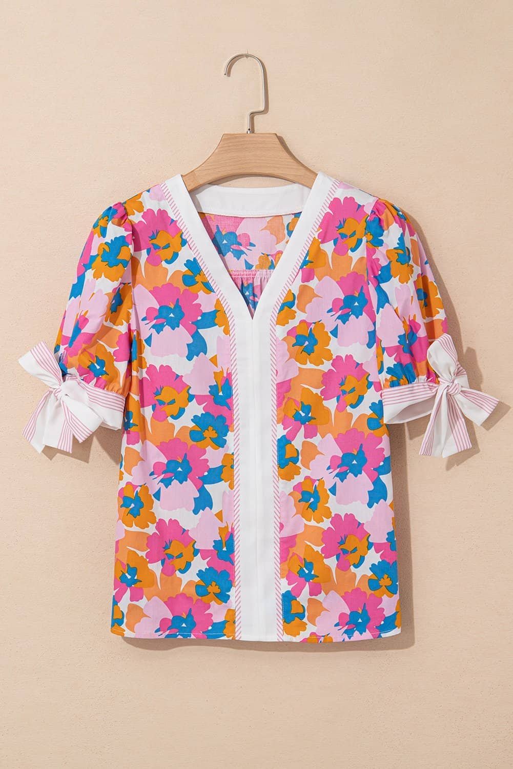 White Floral Colorblock Striped Edge V Neck Knotted Short Sleeve Blouse