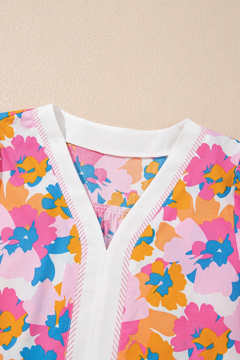 White Floral Colorblock Striped Edge V Neck Knotted Short Sleeve Blouse