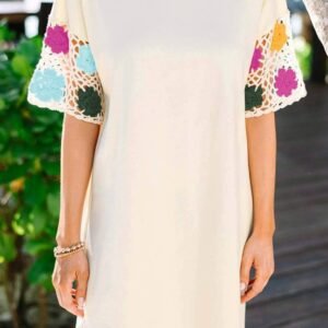White Floral Crochet Splicing Sleeve T Shirt Dress