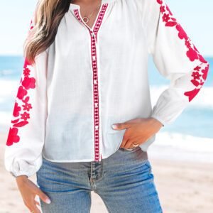 White Floral Embroidered Puff Long Sleeve Casual Shirt