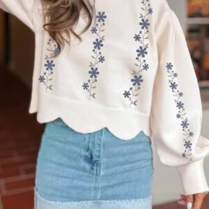 White Floral Embroidered Scallop Hem Cropped Sweater