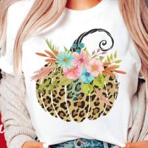 White Floral Leopard Pumpkin Graphic Halloween T Shirt