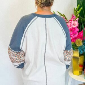 White Floral Patchwork Waffle Knit Raglan Top