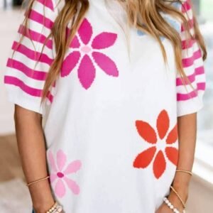 White Floral Pattern Striped Sleeve Sweater T Shirt