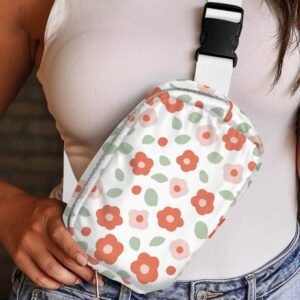 White Floral Print Buckle Wide Belt Zipper Crossbody Bag