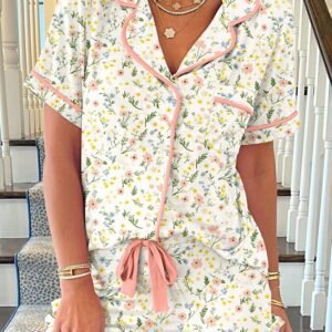 White Floral Print Contrast Pipping Short Pajamas Set