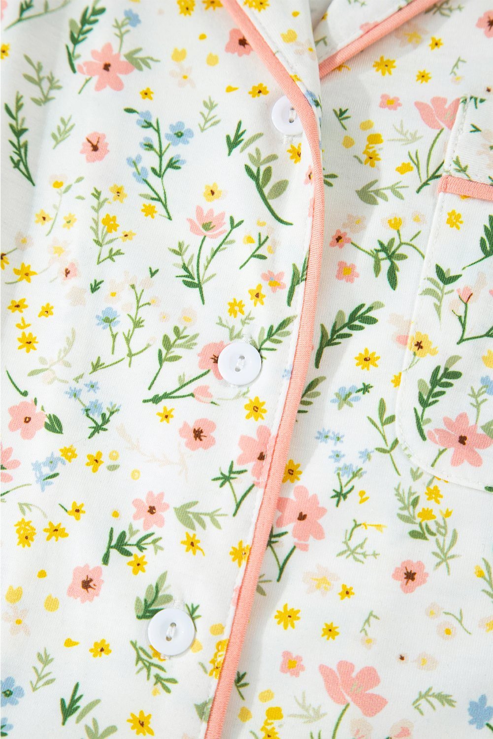 White Floral Print Contrast Pipping Short Pajamas Set