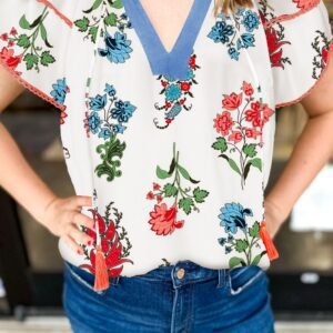 White Floral Print Contrast V Neck Tassel Tie Lace Detail Short Sleeve Blouse