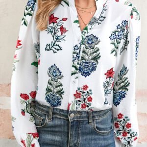 White Floral Print Frilled Collar V Neck Button Down Long Sleeve Shirt