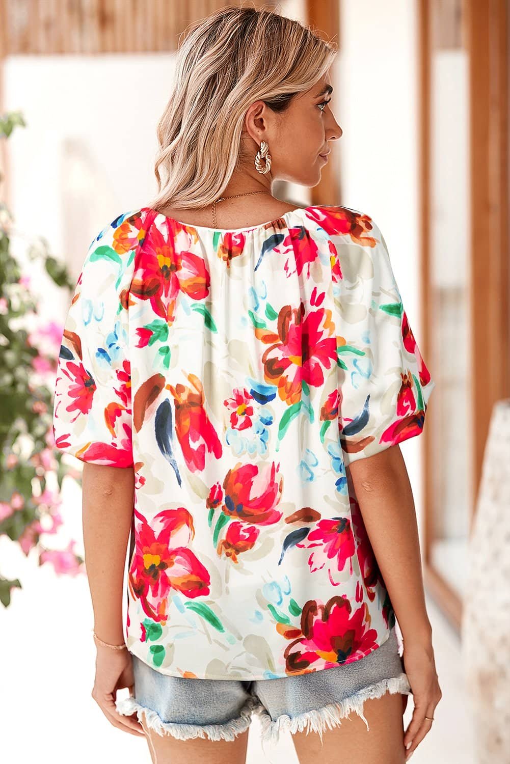 White Floral Print Puffy Half Sleeve Blouse