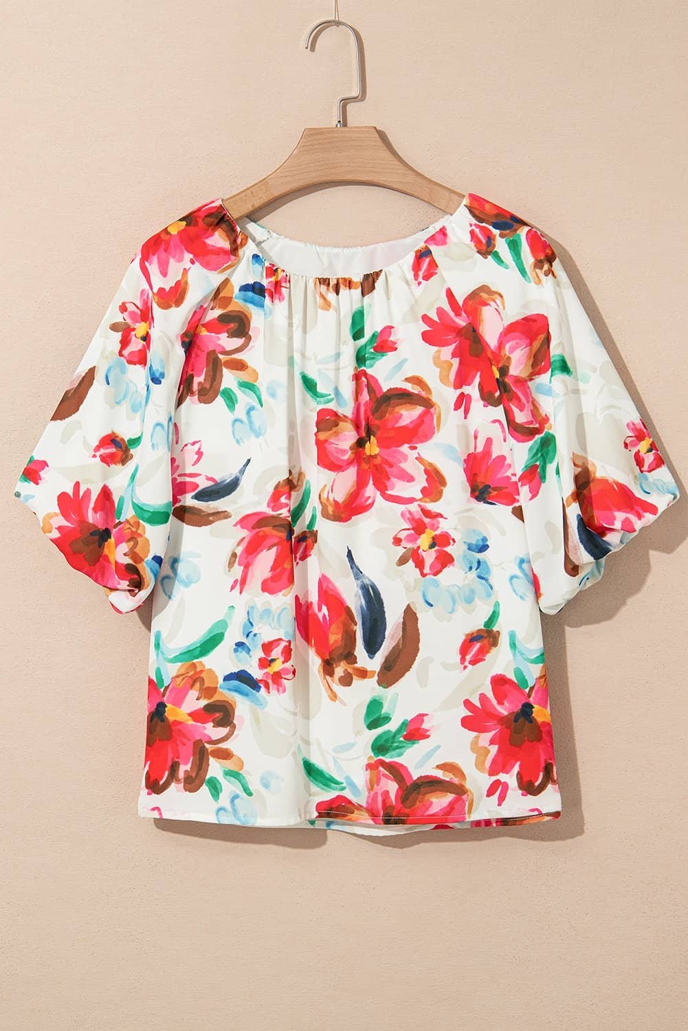 White Floral Print Puffy Half Sleeve Blouse