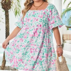 White Floral Print Ric-Rac Trim Square Neck Plus Size Mini Dress