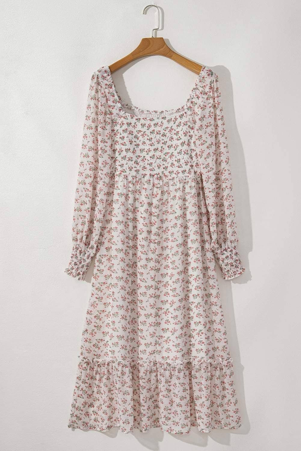 White Floral Print Shirred Ruffled Hem Square Neck Midi Dress