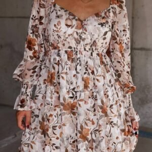 White Floral Print Sweetheart Neck Long Sleeve High Waist Mini Dress
