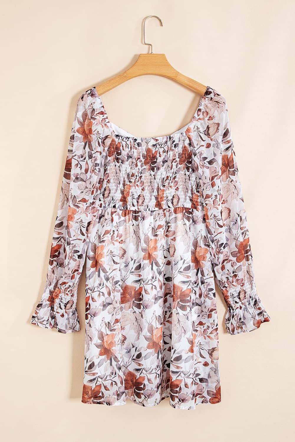 White Floral Print Sweetheart Neck Long Sleeve High Waist Mini Dress