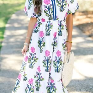 White Floral Puff Short Sleeve V Neck High Waist Maxi Dress