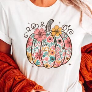 White Floral Pumpkin Print Cotton Blend T Shirt