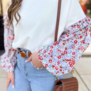 White Floral Ruffled Balloon Sleeve Patchwork Loose Blouse