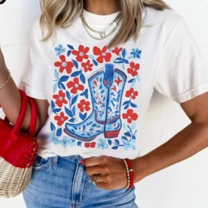 White Floral Western Boots Printed Cotton Blend T Shirt