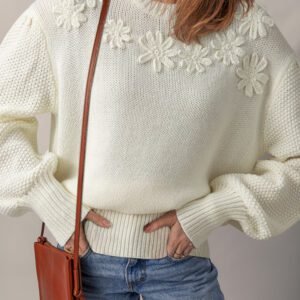 White Flower Detail Round Neck Contrast Textured Puff Sleeve Sweater
