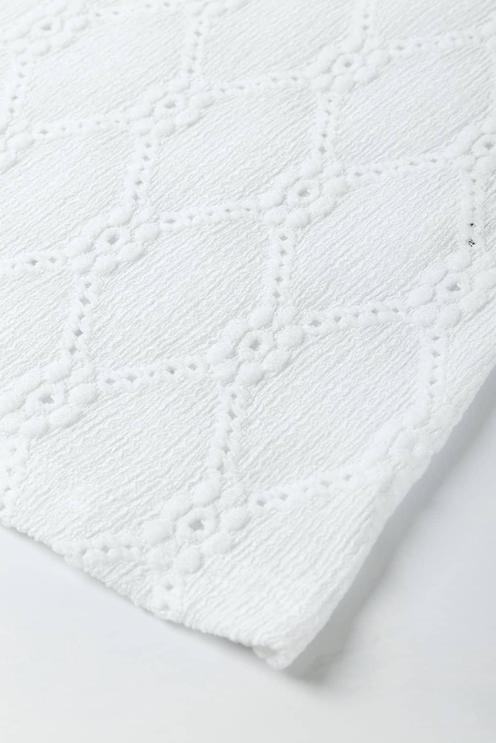 White Flower Geometric Textured Button Short Sleeve Top