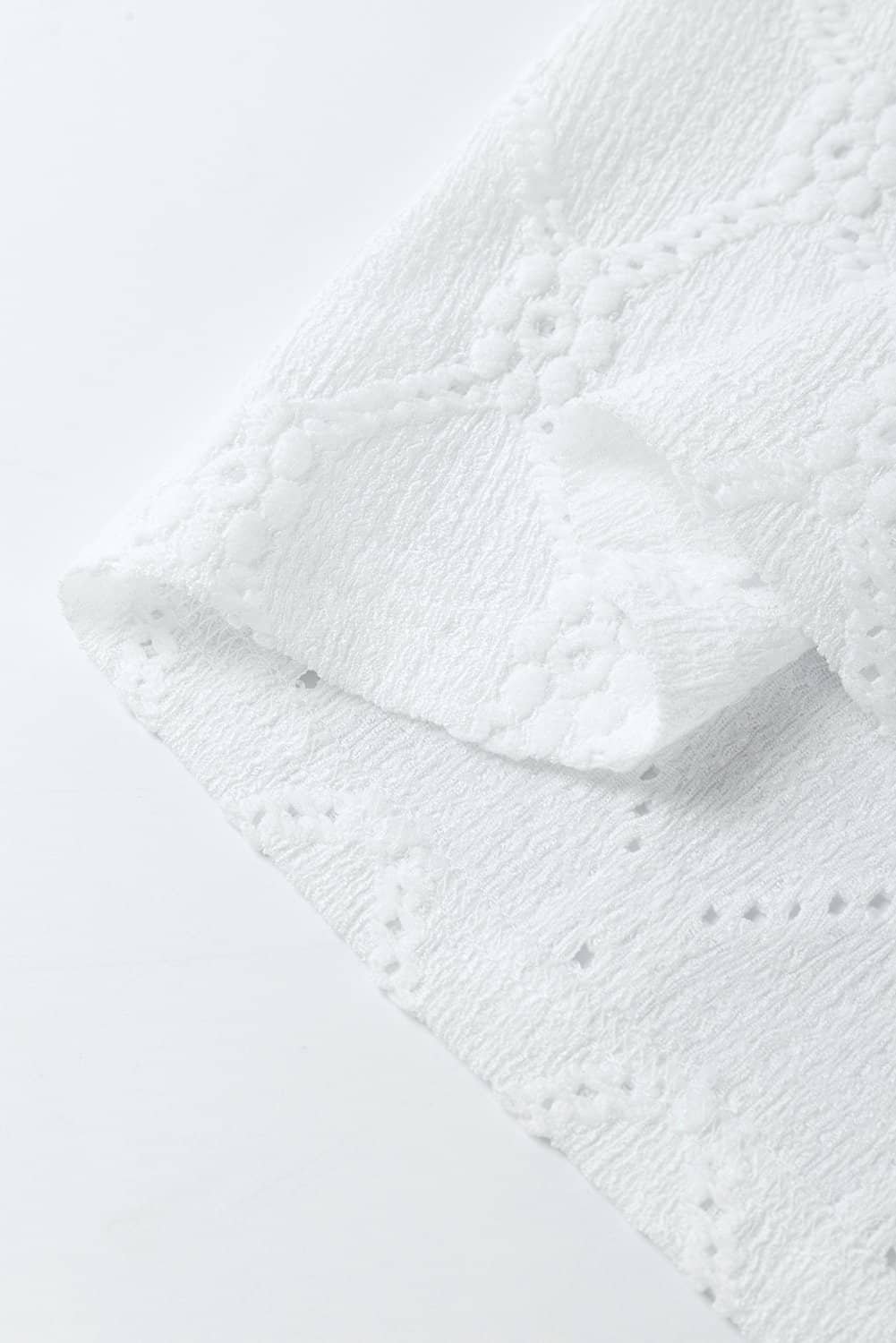 White Flower Geometric Textured Button Short Sleeve Top