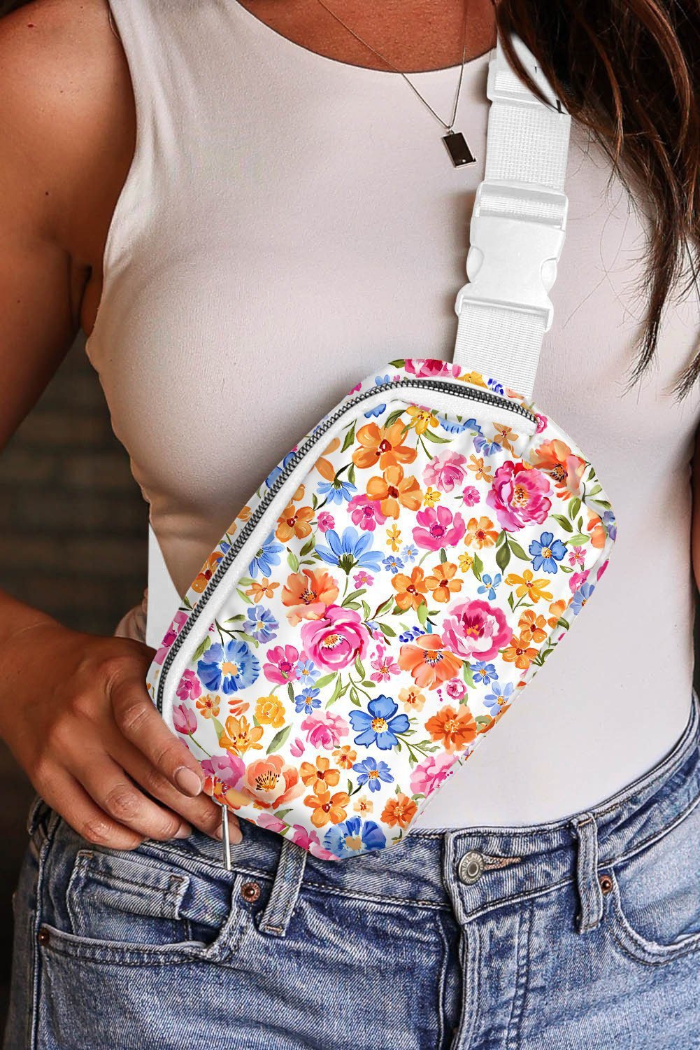 White Flower Print Buckle Wide Strap Crossbody Bag