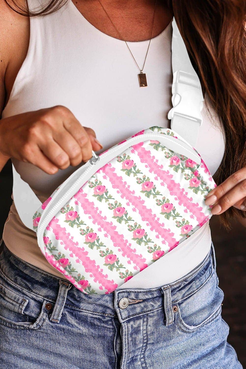 White Flower Print Buckle Wide Strap Sling Bag