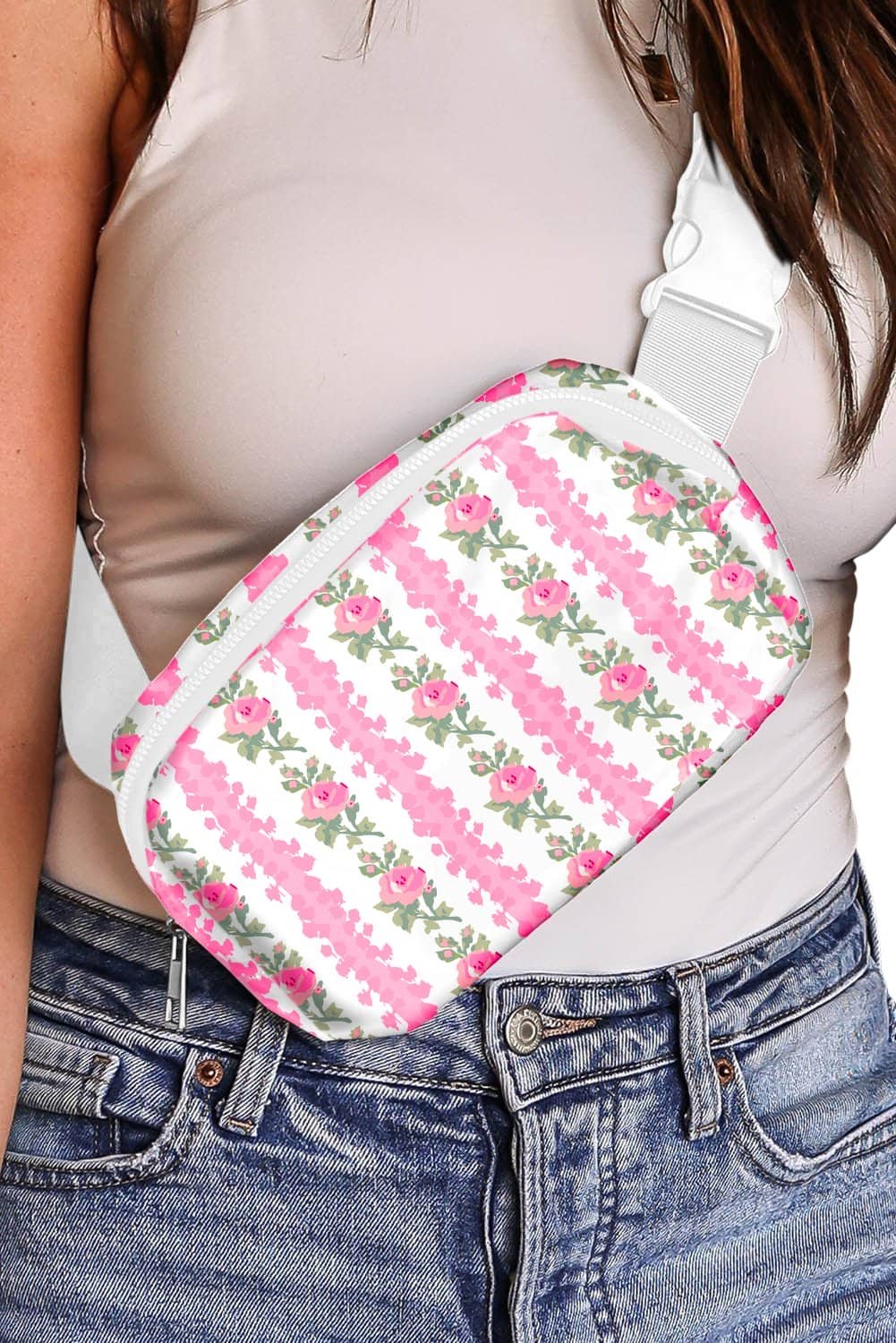 White Flower Print Buckle Wide Strap Sling Bag