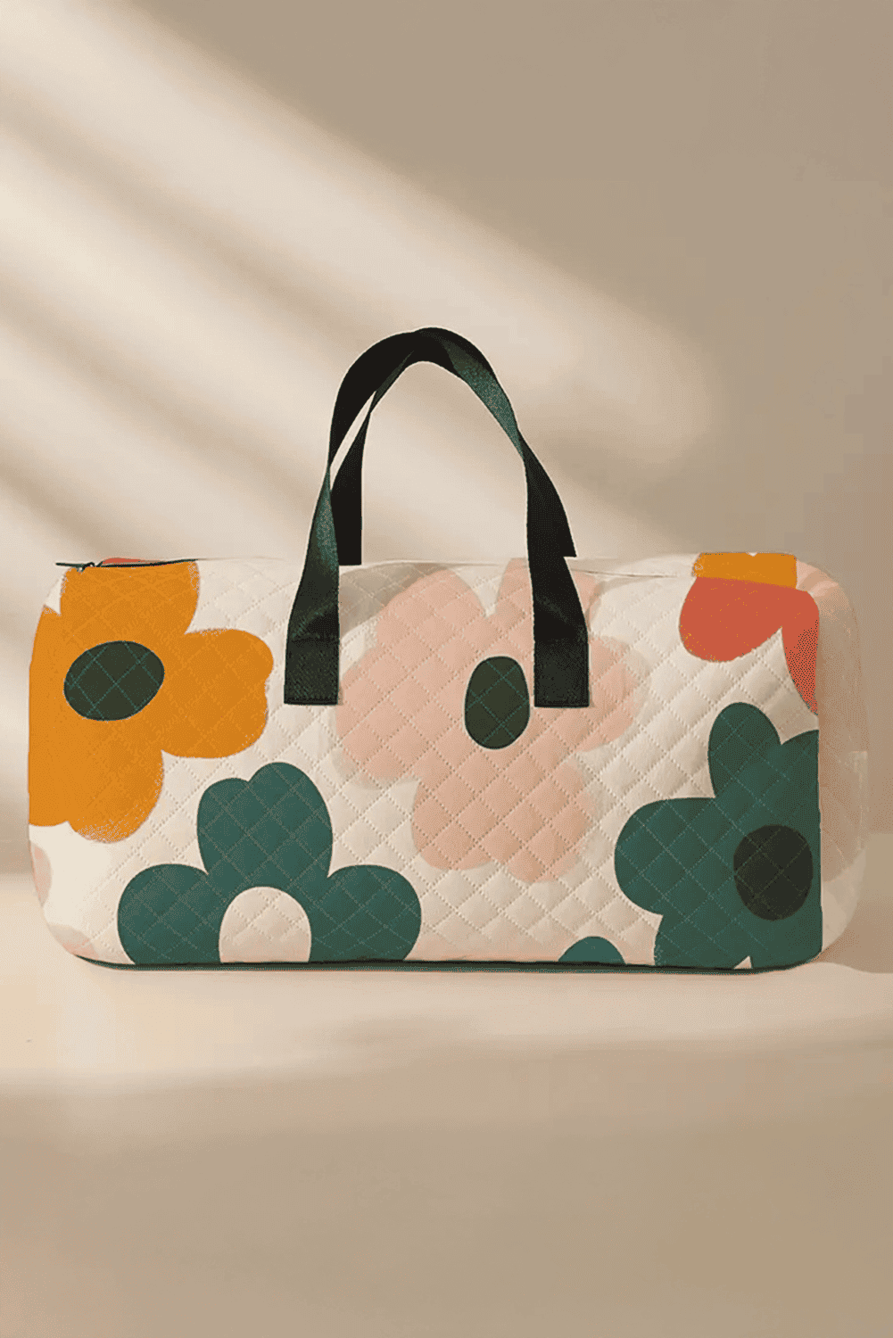 White Flower Print Quilted Large Duffel Bag