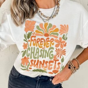 White Forever Chasing Sunsets Floral Print T Shirt