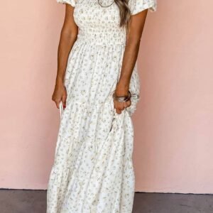 White Frilly Shirred Bodice Tiered Floral Maxi Dress