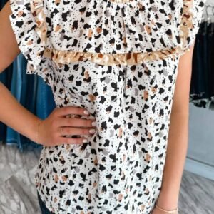 White Frilly Trim Leopard Animal Spots Blouse