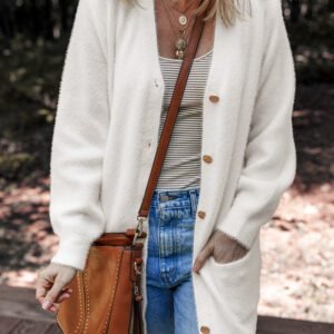 White Fuzzy Buttoned Front Midi Solid Cardigan