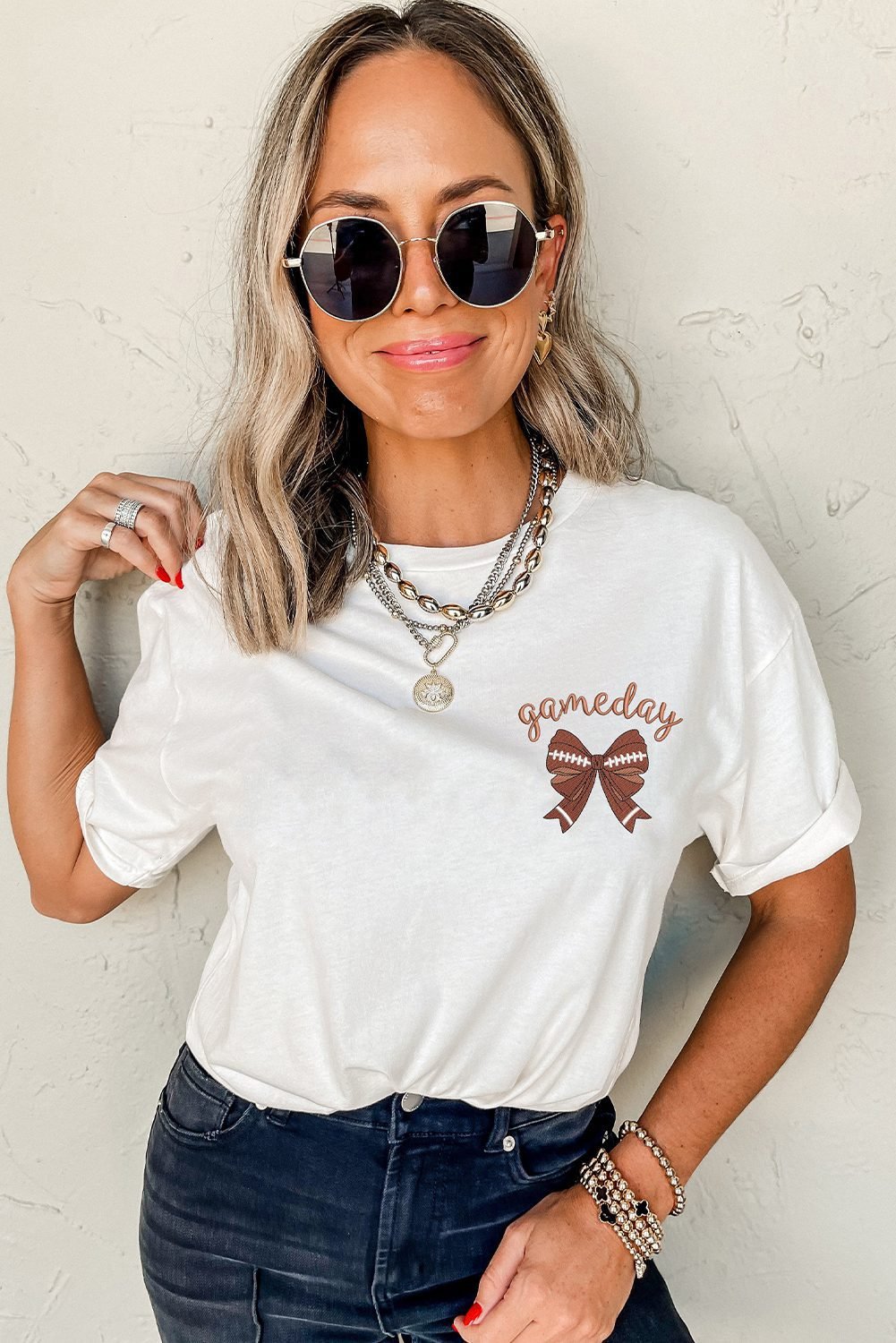 White Game Day Bowknot Embroidered Graphic Casual Tee