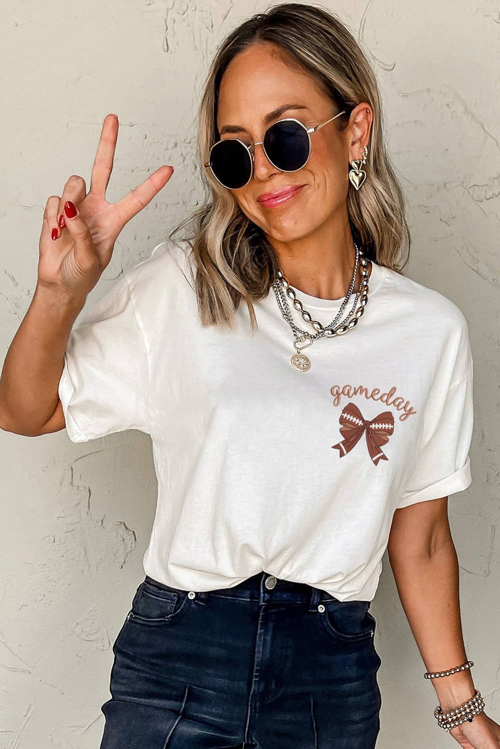 White Game Day Bowknot Embroidered Graphic Casual Tee