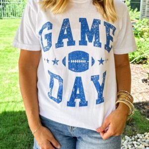 White Game Day Rugby Football Graphic Crewneck T Shirt