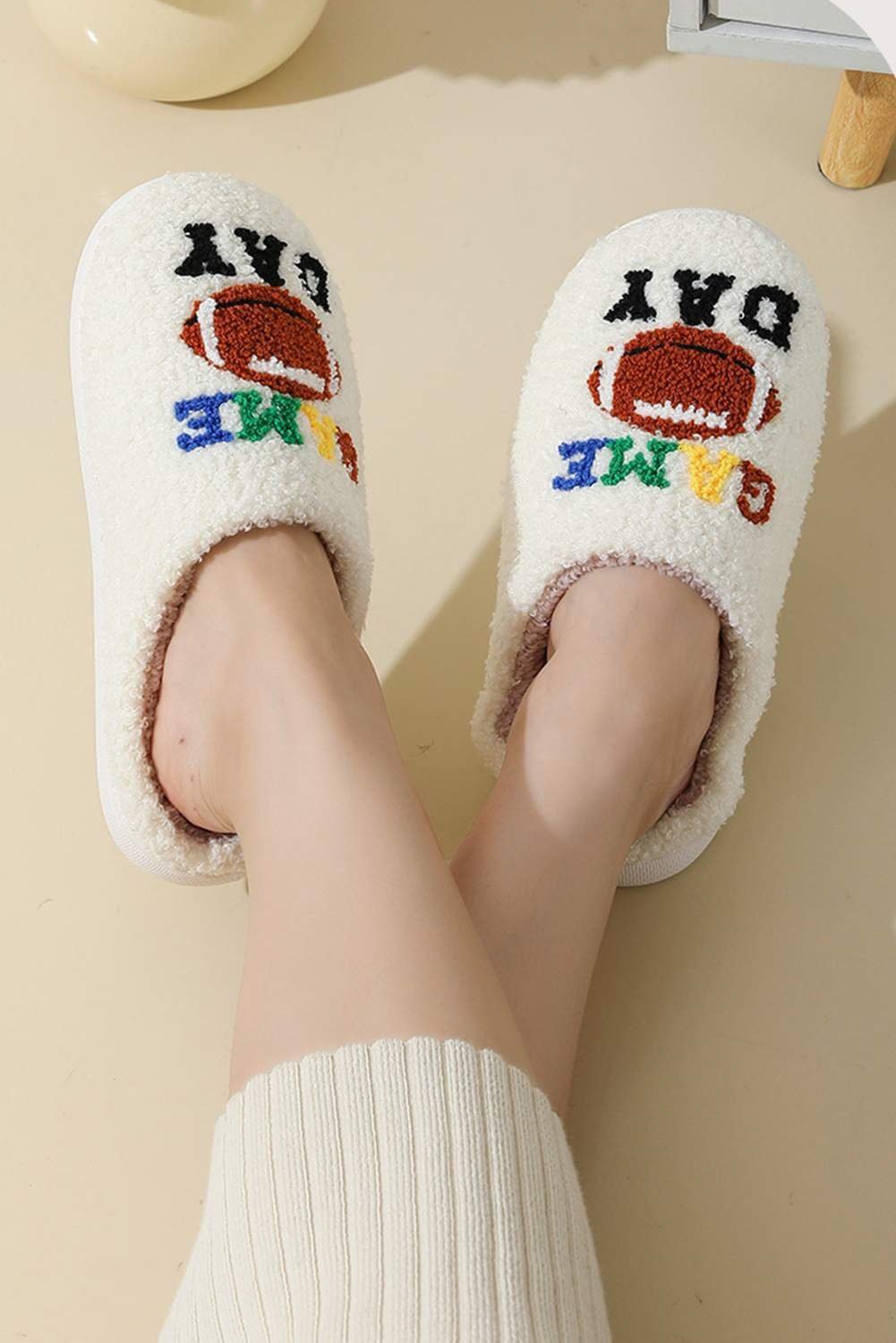 White Game Day Rugby Football Plush Slippers