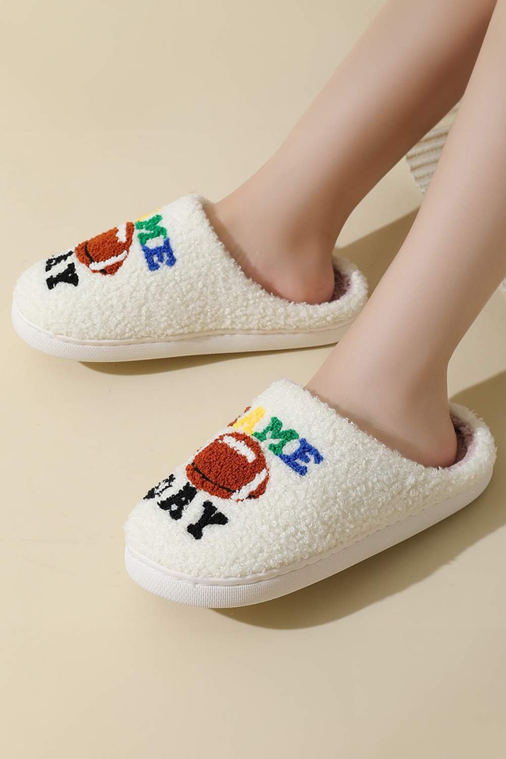 White Game Day Rugby Football Plush Slippers
