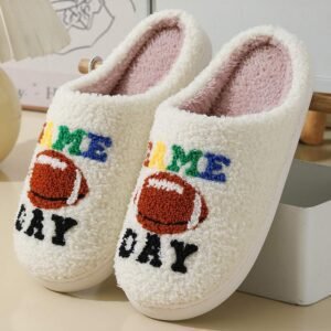 White Game Day Rugby Football Plush Slippers