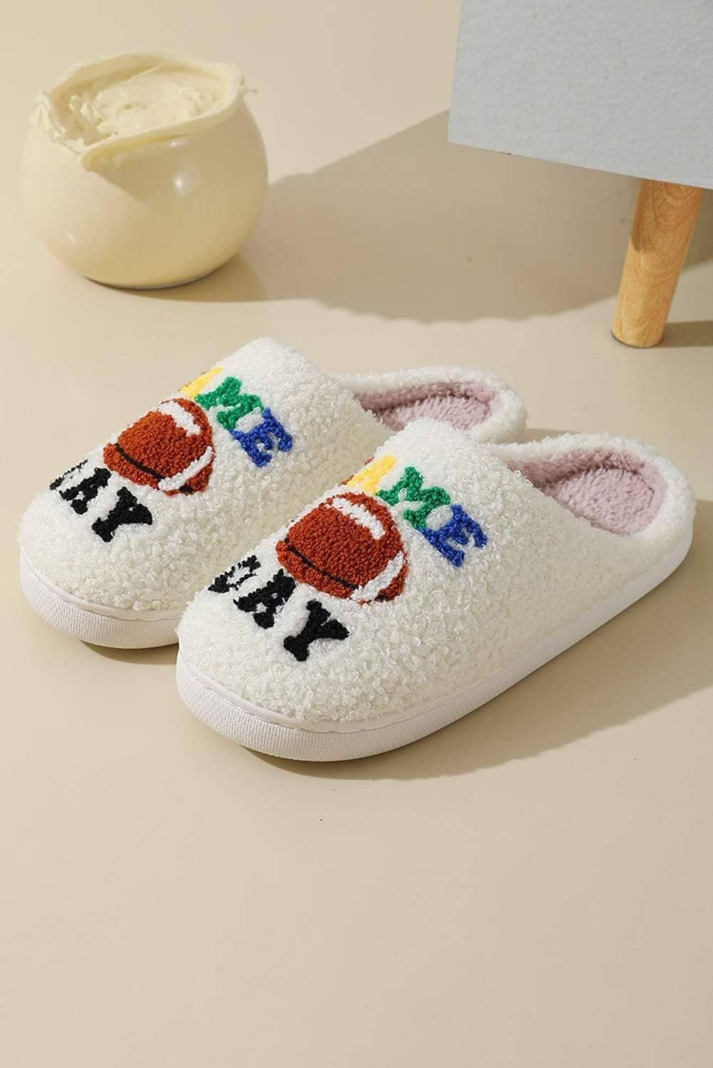 White Game Day Rugby Football Plush Slippers