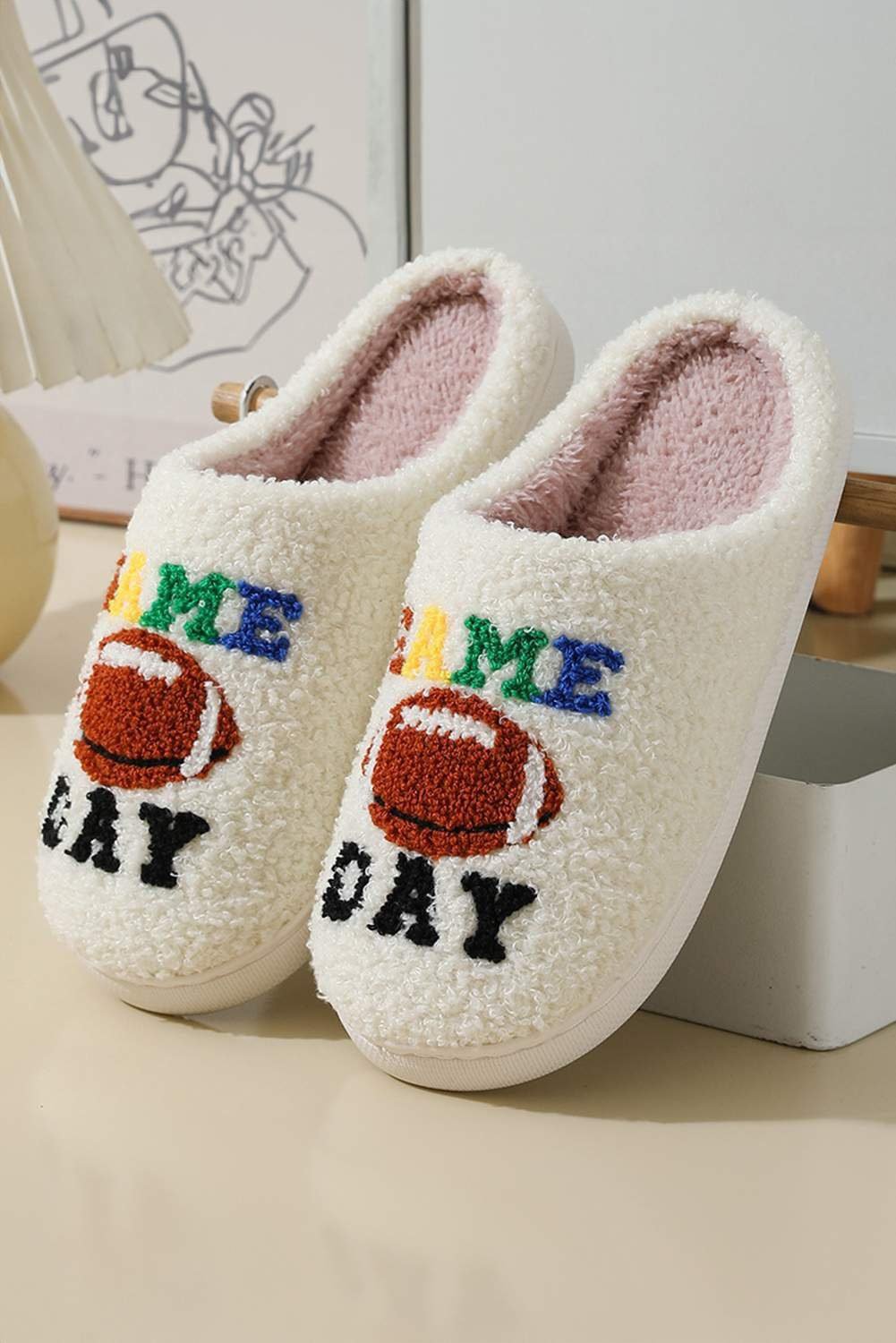 White Game Day Rugby Football Plush Slippers