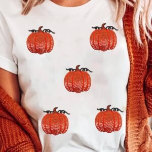 White Glitter Pumpkin Patched Cotton Blend T Shirt